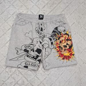 Ed Hardy Shorts Mens L Gray Death Or Glory Skull Graphic Fleece Sweats Street